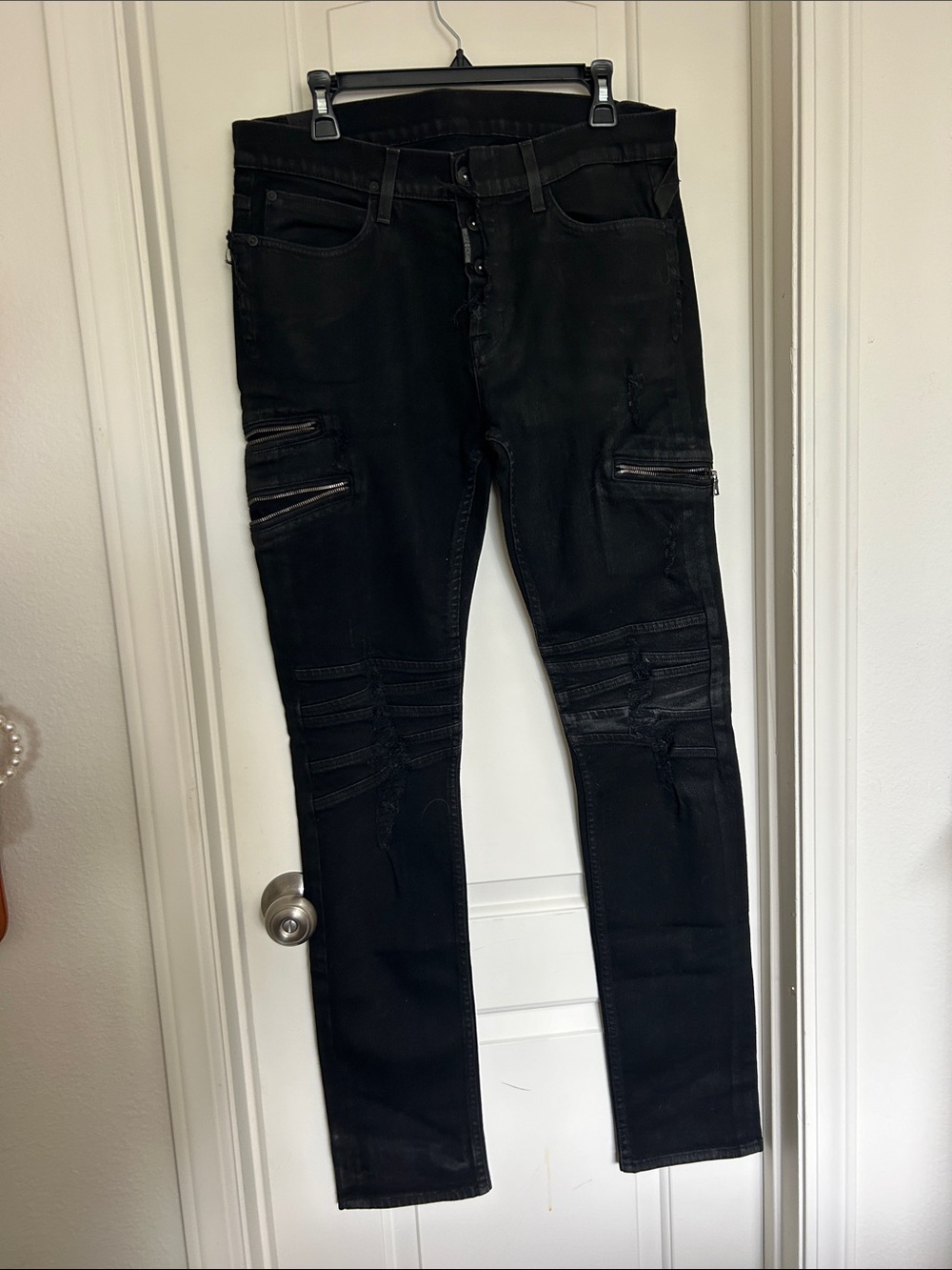 Men's Black Distressed Hudson Moto Motorcycle Vicious Skinny Jeans
